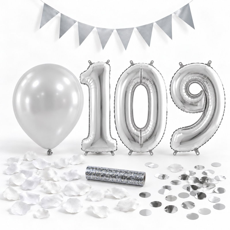 109-års festpaket, Silver, Stor – paketets dekorationer på vit bakgrund