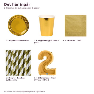 2-årskalas, Guld, kalaspaket, 8 gäster – innehåll och antal, sifferballong 100 cm
