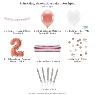 2-årskalas, dekorationspaket, Roséguld – innehåll och antal förpackningar