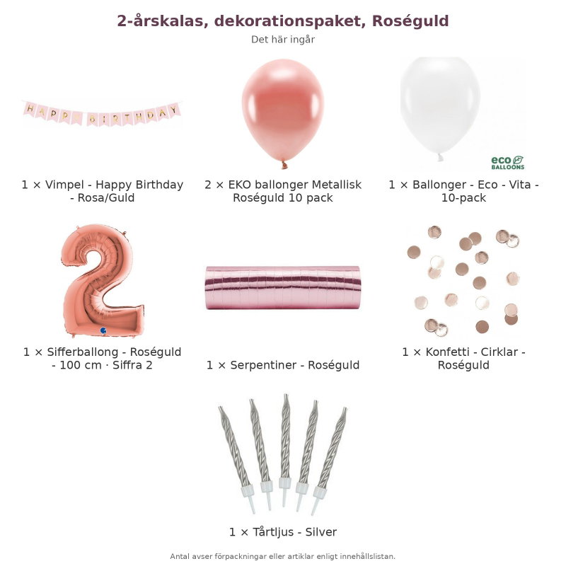 2-årskalas, dekorationspaket, Roséguld – innehåll och antal förpackningar