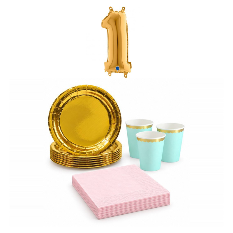 1-årskalas, Mint, rosa och guld, kalaspaket, 6 gäster – sammansatt bild av paketets produkter