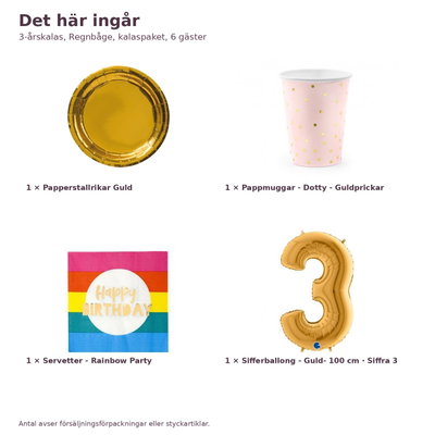 3-årskalas, Regnbåge, kalaspaket, 6 gäster – innehåll och antal, sifferballong 100 cm