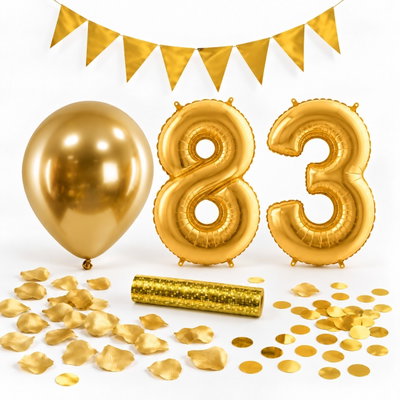 83-års festpaket, Guld, Stor – paketets dekorationer på vit bakgrund