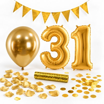 31-års festpaket, Guld, Stor – paketets dekorationer på vit bakgrund