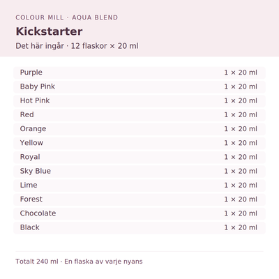 Paketinnehåll: 1 × Purple 20 ml, 1 × Baby Pink 20 ml, 1 × Hot Pink 20 ml, 1 × Red 20 ml, 1 × Orange 20 ml, 1 × Yellow 20 ml, 1 × Royal 20 ml, 1 × Sky Blue 20 ml, 1 × Lime 20 ml, 1 × Forest 20 ml, 1 × Chocolate 20 ml, 1 × Black 20 ml