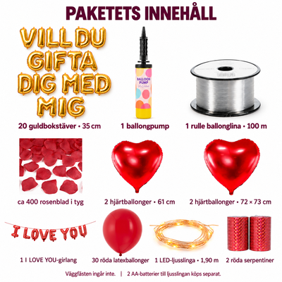 Frieripaket Deluxe – Vill du gifta dig med mig i guld – innehåll och antal