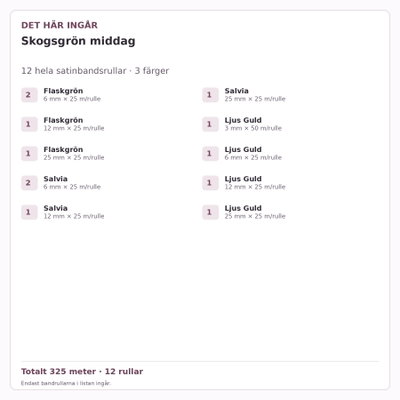 Det här ingår – Satinbandspaket – Skogsgrön middag – 12 rullar