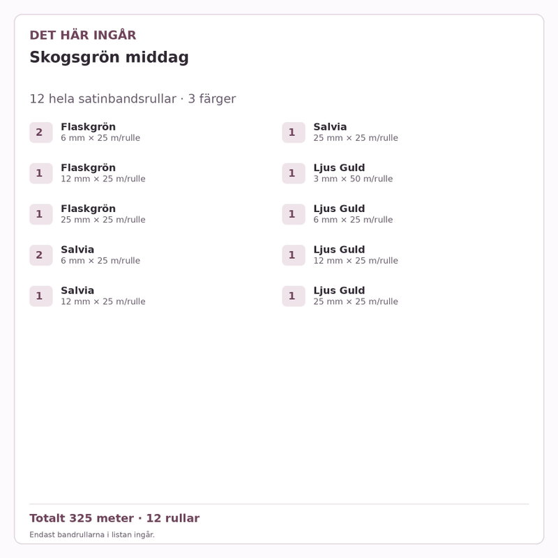 Det här ingår – Satinbandspaket – Skogsgrön middag – 12 rullar