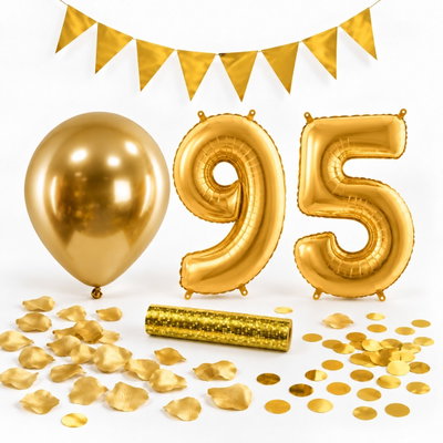 95-års festpaket, Guld, Stor – paketets dekorationer på vit bakgrund