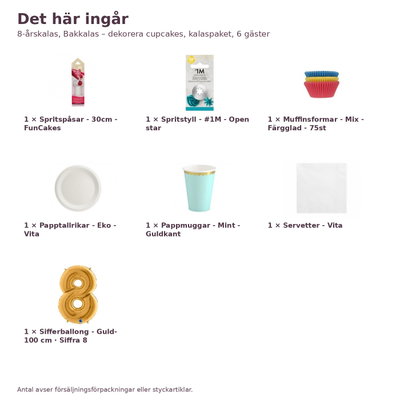 8-årskalas, Bakkalas – dekorera cupcakes, kalaspaket, 6 gäster – innehåll och antal, sifferballong 100 cm