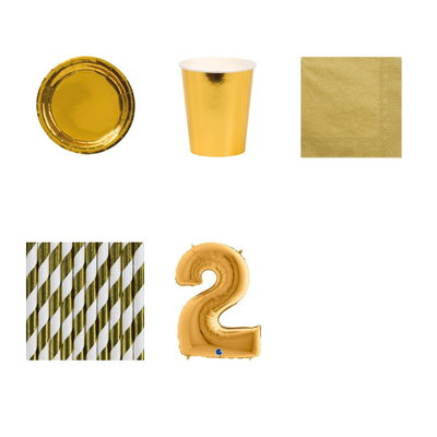 2-årskalas, Guld, kalaspaket, 8 gäster – paketets produkter med sifferballong 100 cm