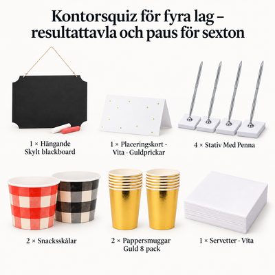 Kontorsquiz för fyra lag – resultattavla och paus för sexton – innehåll och antal försäljningsförpackningar