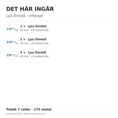 Det här ingår – Satinbandspaket – Ljus Dimblå – 7 rullar