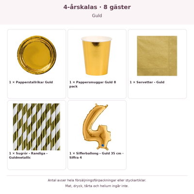 4-årskalas, Guld, kalaspaket, 8 gäster – innehåll och antal förpackningar