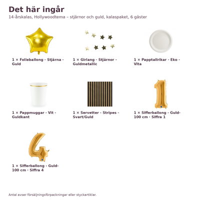 14-årskalas, Hollywoodtema – stjärnor och guld, kalaspaket, 6 gäster – innehåll och antal, sifferballong 100 cm
