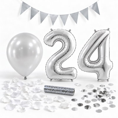 24-års festpaket, Silver, Stor – paketets dekorationer på vit bakgrund