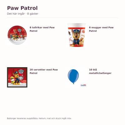 Paw Patrol – kalaspaket Bas för 8 gäster – innehåll och antal