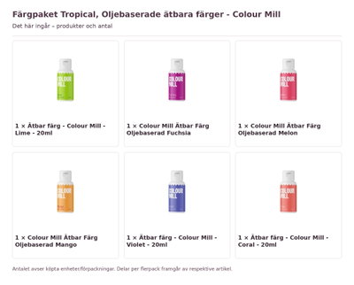 Färgpaket Tropical, Oljebaserade ätbara färger - Colour Mill – innehåll och antal förpackningar