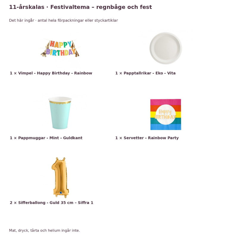 11-årskalas, Festivaltema – regnbåge och fest, kalaspaket, 6 gäster – innehåll och antal förpackningar
