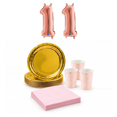 11-årskalas, Rosa och guld, kalaspaket, 6 gäster – sammansatt bild av paketets produkter