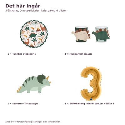 3-årskalas, Dinosauriekalas, kalaspaket, 6 gäster – innehåll och antal, sifferballong 100 cm