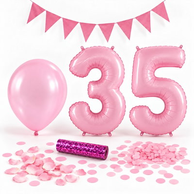 35-års festpaket, Rosa, Stor – paketets dekorationer på vit bakgrund