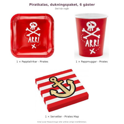 Piratkalas, dukningspaket, 6 gäster – innehåll och antal förpackningar
