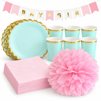 Babyshower flicka – mint och rosa – fikapaket, 6 gäster – samlat paketinnehåll