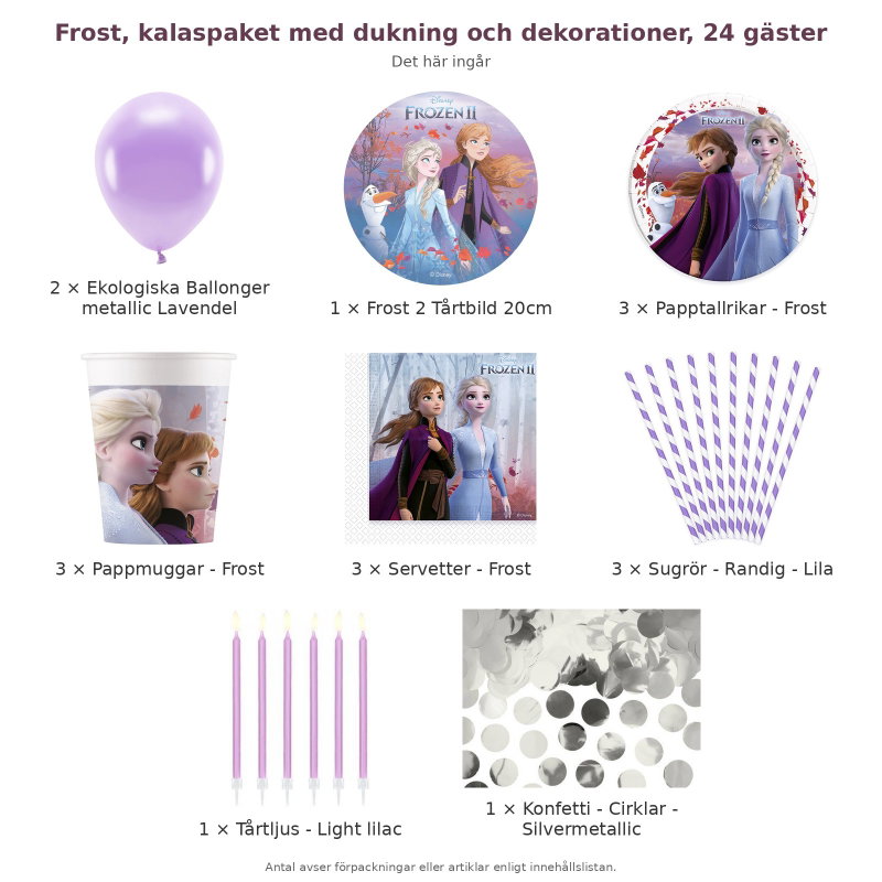 Frost, kalaspaket med dukning och dekorationer, 24 gäster – innehåll och antal förpackningar