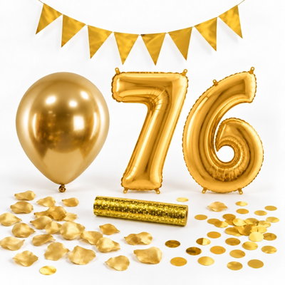 76-års festpaket, Guld, Stor – paketets dekorationer på vit bakgrund