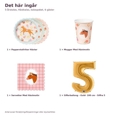5-årskalas, Hästkalas, kalaspaket, 6 gäster – innehåll och antal, sifferballong 100 cm