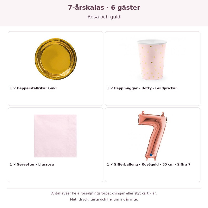 7-årskalas, Rosa och guld, kalaspaket, 6 gäster – innehåll och antal förpackningar