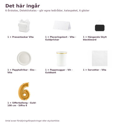 6-årskalas, Detektivkalas – gör egna ledtrådar, kalaspaket, 6 gäster – innehåll och antal, sifferballong 100 cm