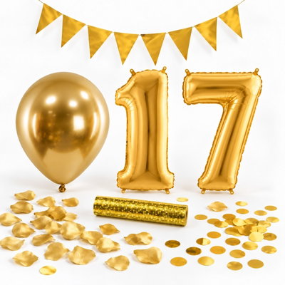 17-års festpaket, Guld, Stor – paketets dekorationer på vit bakgrund