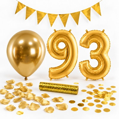 93-års festpaket, Guld, Stor – paketets dekorationer på vit bakgrund