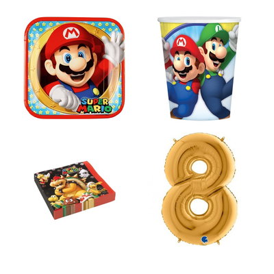 8-årskalas, Super Mario, kalaspaket, 8 gäster – paketets produkter med sifferballong 100 cm