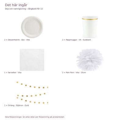 Dop och namngivning – långbord för 12 – exakt innehåll och antal förpackningar