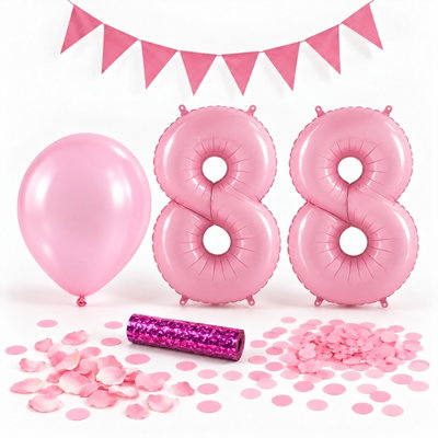 88-års festpaket, Rosa, Stor – paketets dekorationer på vit bakgrund