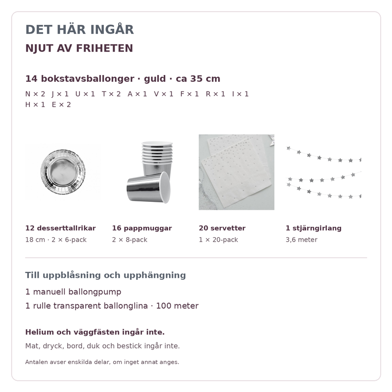 Innehåll och exakta antal – NJUT AV FRIHETEN, 35 cm bokstäver och dukning för 12