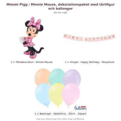Mimmi Pigg / Minnie Mouse, dekorationspaket med tårtfigur och ballonger – innehåll och antal förpackningar