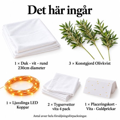 Olivmiddagen i skymning – ljus längs ett runt bord – innehåll och antal försäljningsförpackningar