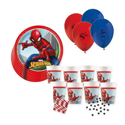 Spiderman, kalaspaket med dukning och dekorationer, 24 gäster – paketinnehåll utan servetter