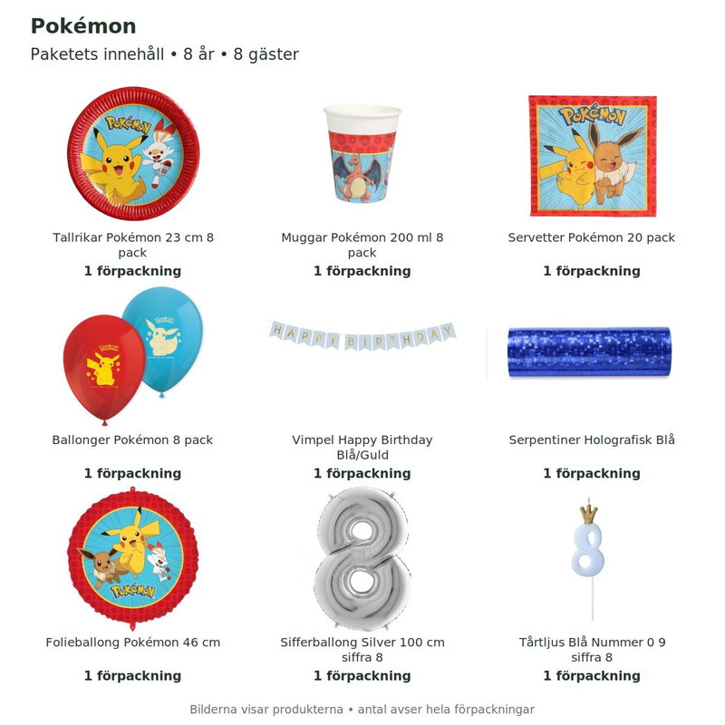 Pokémon – 8-årskalas – kalaspaket för 8 gäster – innehåll och antal