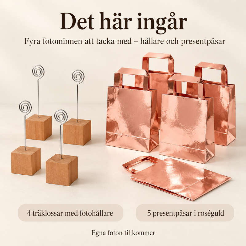 Det här ingår – Fyra fotominnen att tacka med – hållare och presentpåsar