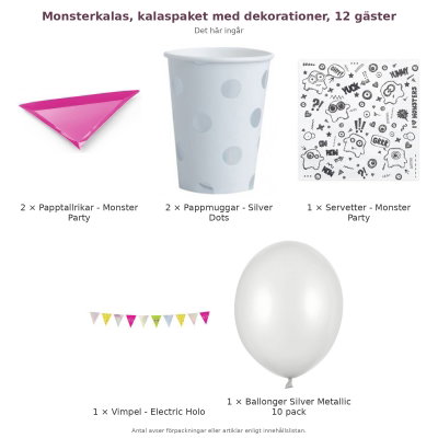 Monsterkalas, kalaspaket med dekorationer, 12 gäster – innehåll och antal förpackningar