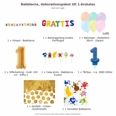 Babblarna, dekorationspaket till 1-årskalas – innehåll och antal förpackningar