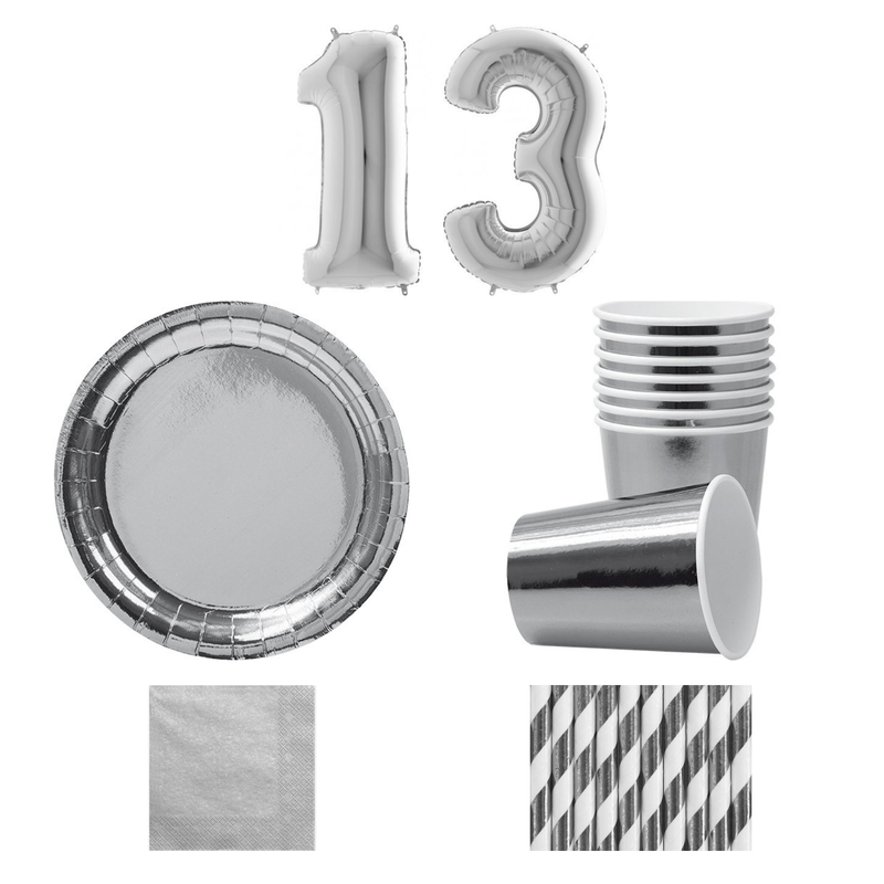 13-årskalas, Silver, kalaspaket, 8 gäster – sammansatt bild av paketets produkter