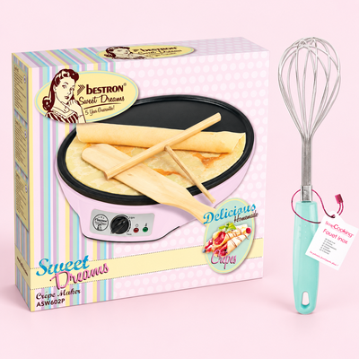 Crêpekväll – crêpemaker och smetvisp – samlingsbild av ingående produkter.