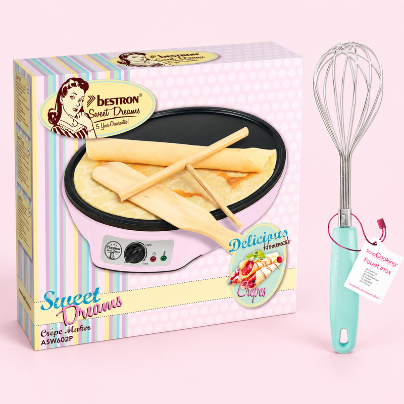 Crêpekväll – crêpemaker och smetvisp – samlingsbild av ingående produkter.