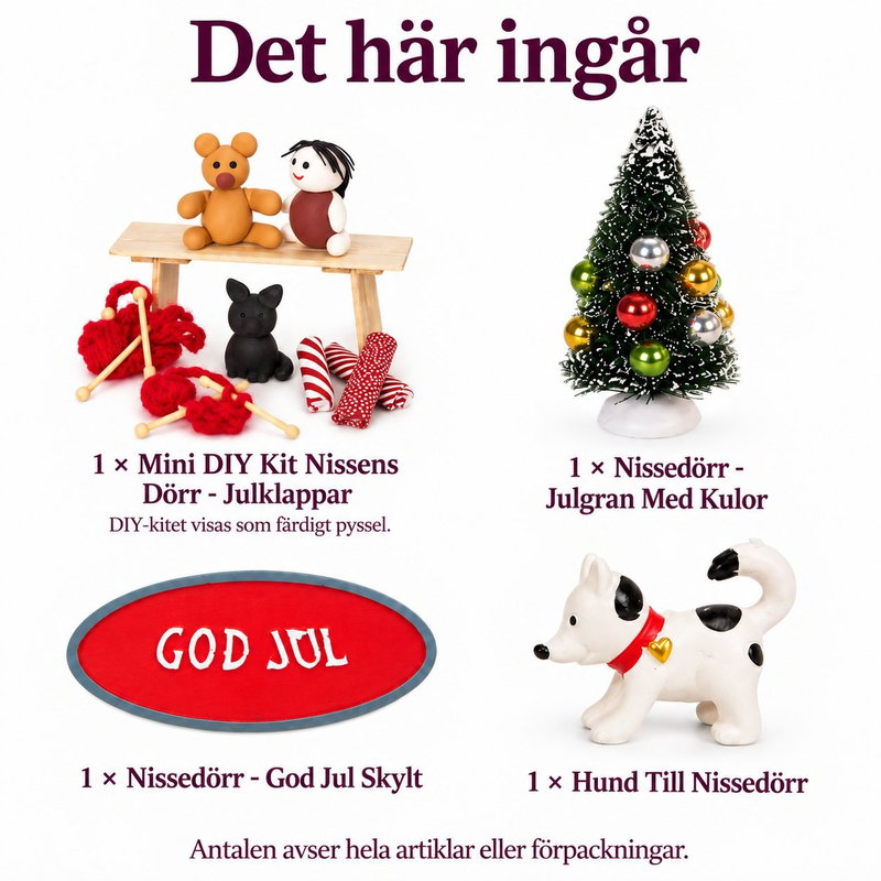 Det här ingår: ett DIY-kit Julklappar, en julgran med kulor, en God Jul-skylt och en hund